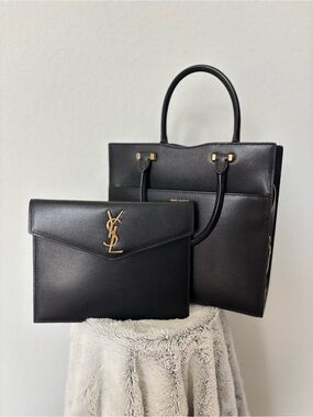 Saint Laurent Black Leather Uptown Tote with Logo Envelope Clutch